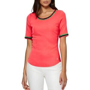 Nautica Jeans Women's Cotton Crochet-Trim Top in Rouge Red